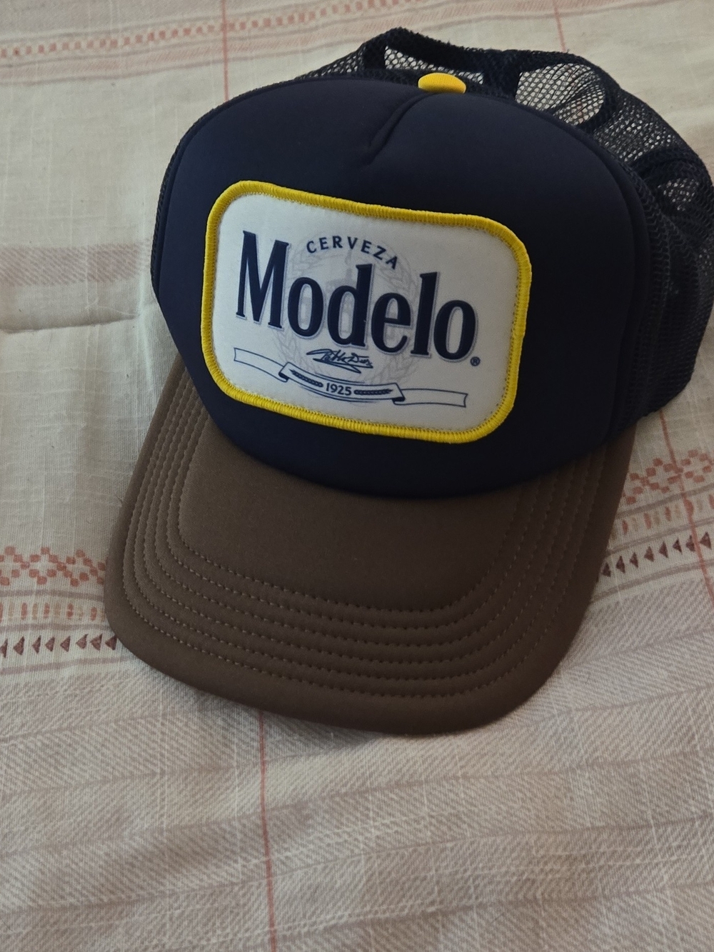 ModelCo Navy and Brown Trucker Hat with Yellow Trim